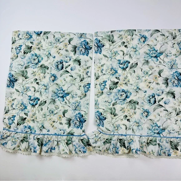 Vintage Blue Floral Cotton Lace Ruffle Trim 2 Standard Pillowcases & Flat Sheet - Picture 7 of 14